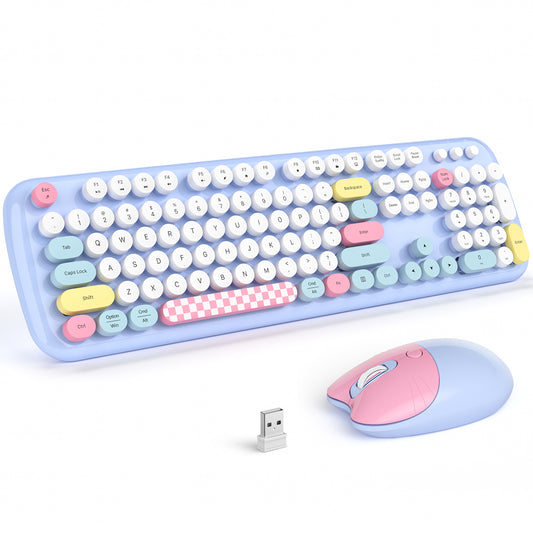 MOFII Wireless Keyboard and Mouse, 2.4Ghz USB Retro Full Size Typewriter Keyboard and Cute Cat Shape Design Mouse Combo for Mac, Windows 7/8/10, Laptop, Desktop, PC, Computer