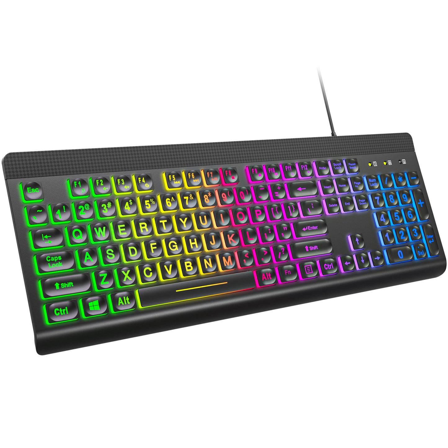 Large Print Backlit Keyboard, USB Wired Computer Keyboard, Full Size Keyboard with Rainbow Illuminated LED Compatible for Windows Desktop, Laptop, PC, Gaming, Black