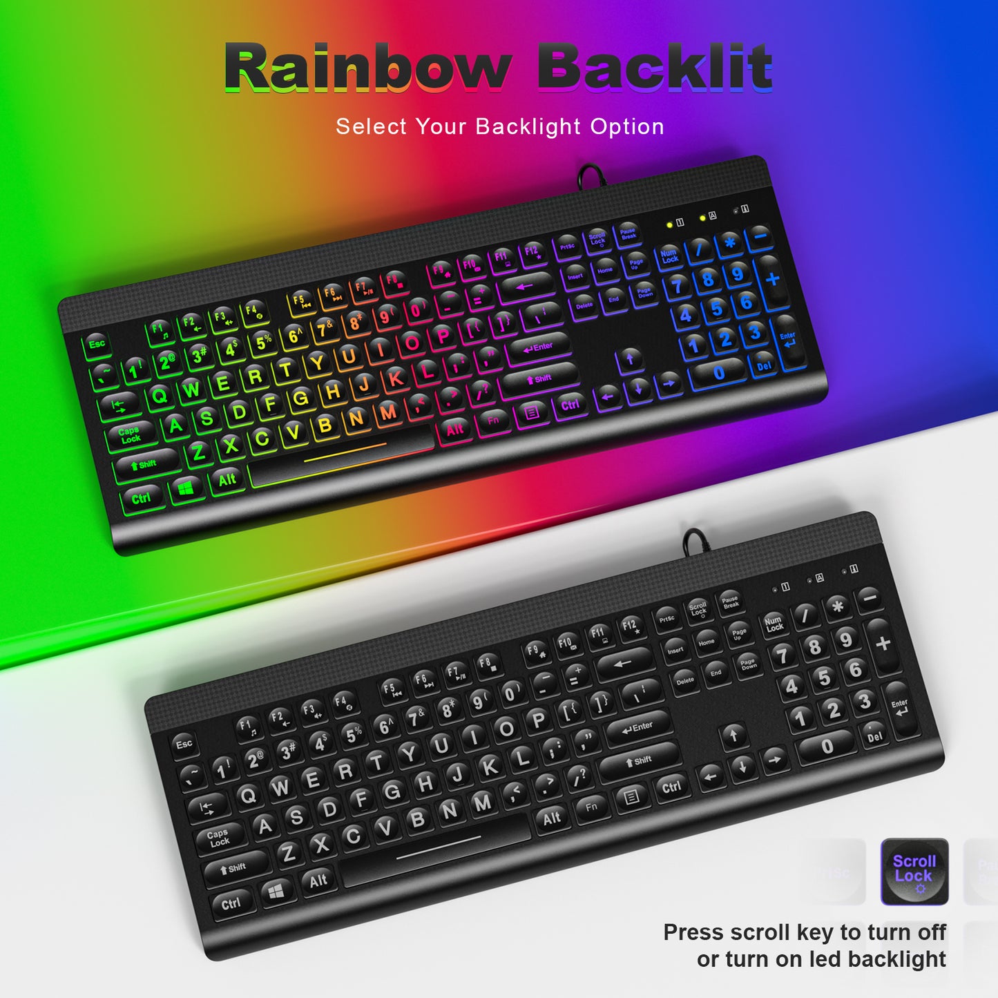 Large Print Backlit Keyboard, USB Wired Computer Keyboard, Full Size Keyboard with Rainbow Illuminated LED Compatible for Windows Desktop, Laptop, PC, Gaming, Black