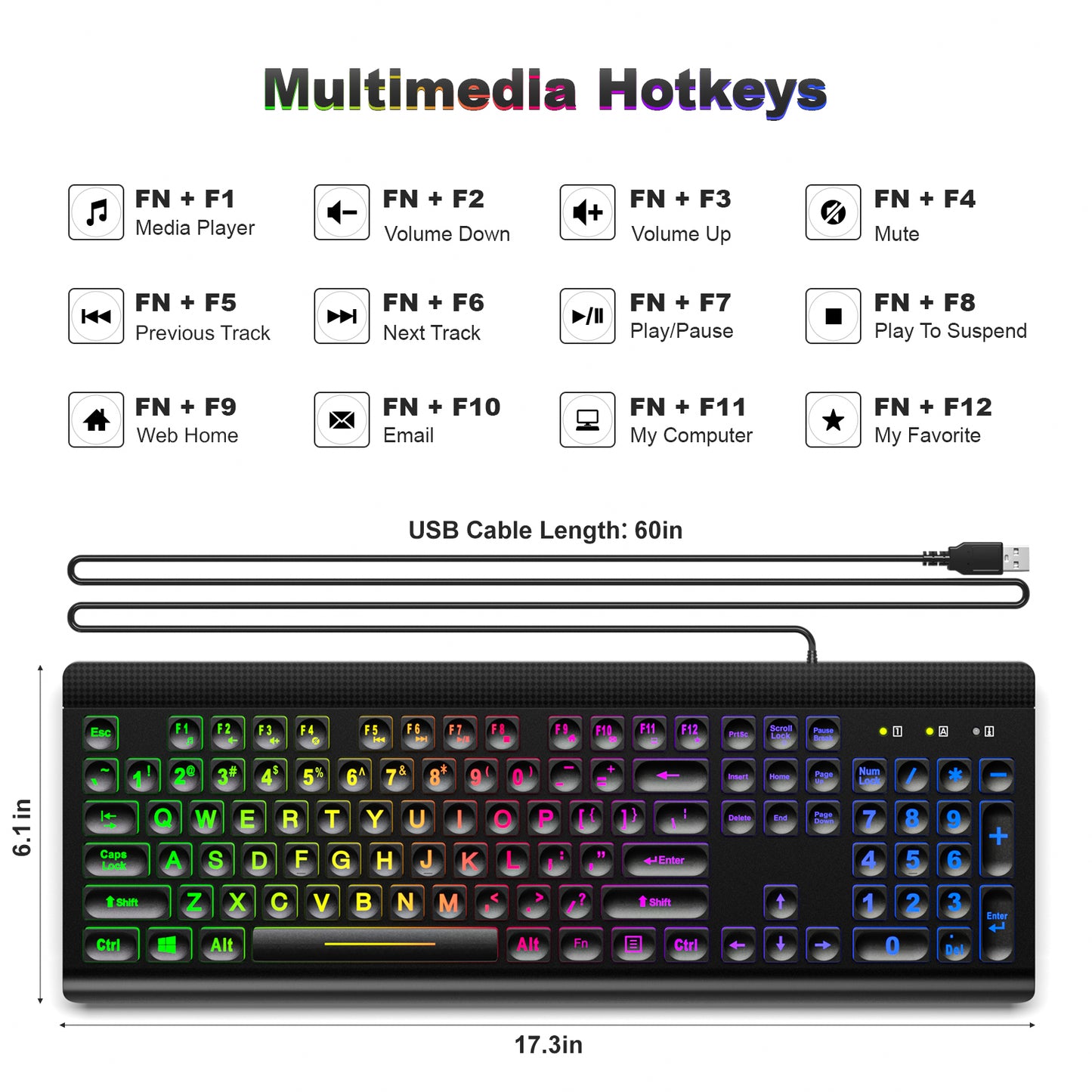 Large Print Backlit Keyboard, USB Wired Computer Keyboard, Full Size Keyboard with Rainbow Illuminated LED Compatible for Windows Desktop, Laptop, PC, Gaming, Black