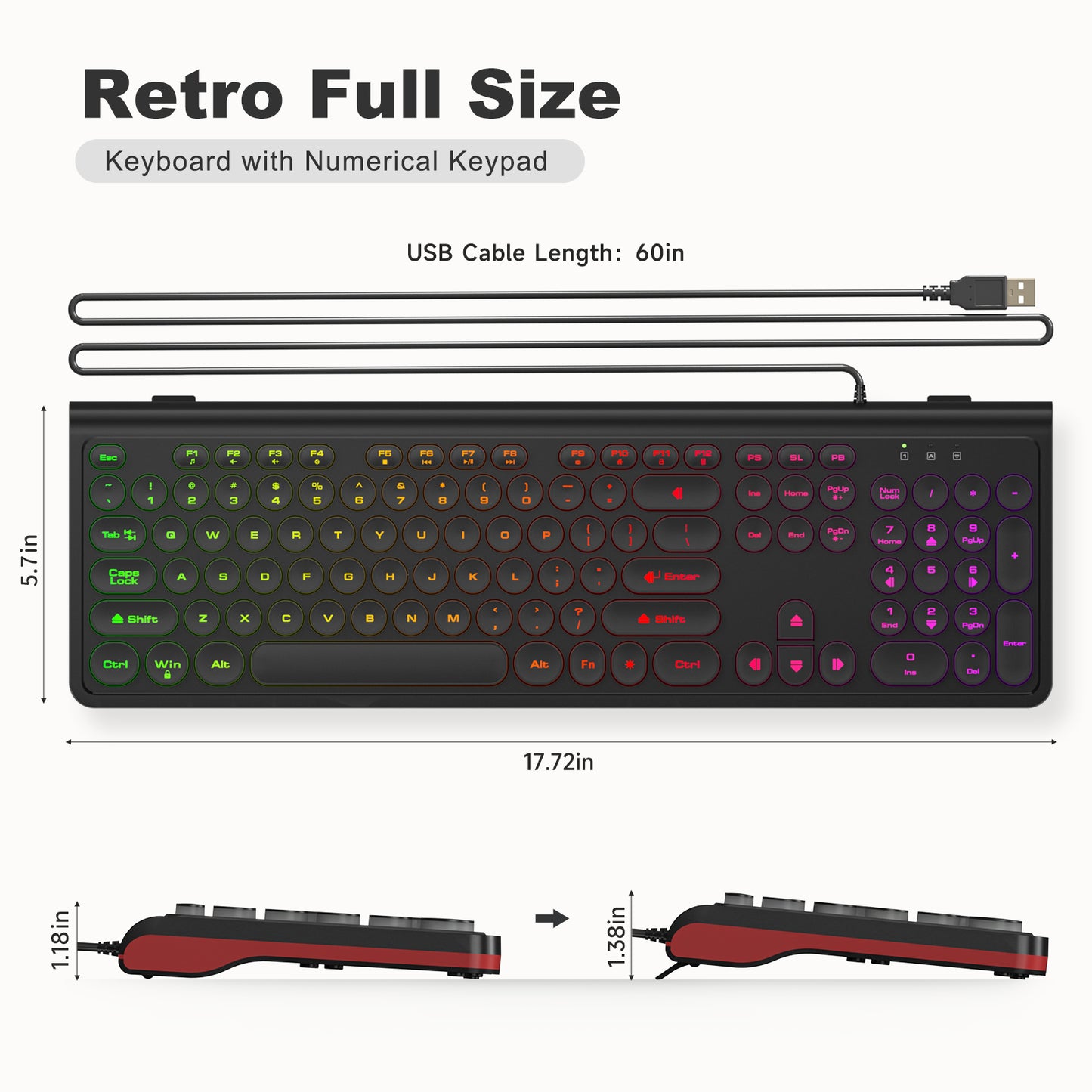 USB Wired Keyboard with Backlit 7-Colors, Full Size Keyboard with Retro Keycaps, Numeric Keypad and Media Hotkey for Computer Desktop PC Laptop and Windows 7 8 10 11