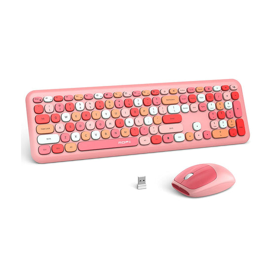 MOFII Wireless Keyboard and Mouse Combo, 2.4G Silent Cordless Slim Full Size Keyboard and Ergonomic Mice Set for Laptop, Desktop, MacBook , PC - Pink Colorful